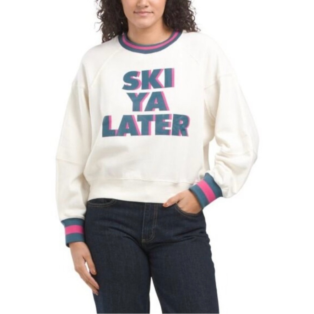 Chaser Ivory “Ski Ya Later” Graphic Dolman Sleeve Sweatshirt NWT Size Small
